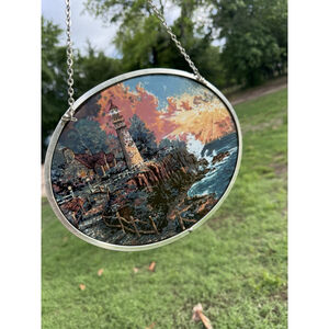 Glassmaster Thomas Kinkade Art Glass Oval Suncatcher Lighthouse Scene